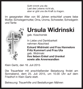 Traueranzeige von Ursula Widrinski von Uelzen