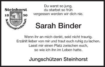 Traueranzeige von Sarah Binder von Uelzen