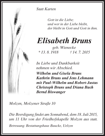 Traueranzeige von Elisabeth Bruns von Uelzen