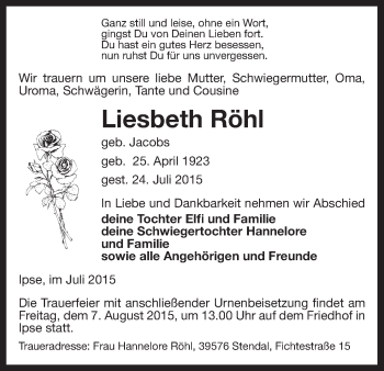 Traueranzeige von Liesbeth Röhl von Uelzen