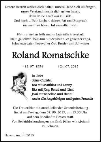 Traueranzeige von Roland Romatschke von Uelzen