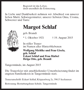 Traueranzeige von Margot Schlaf von Uelzen