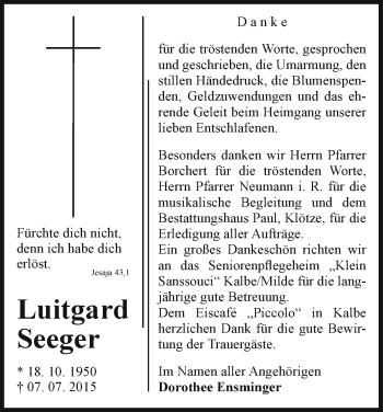 Traueranzeige von Luitgard Seeger von Uelzen