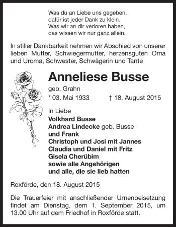 Traueranzeige von Anneliese Busse von Uelzen