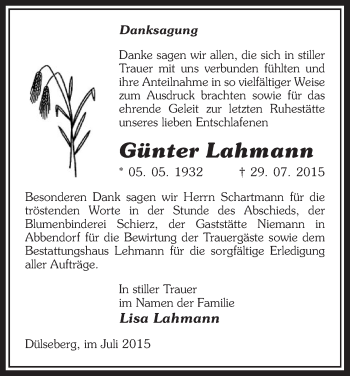 Traueranzeige von Günter Lahmann von Uelzen