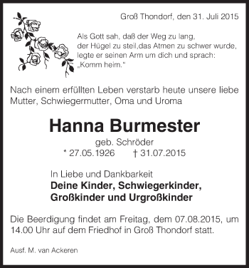 Traueranzeige von Hanna Burmester von Uelzen