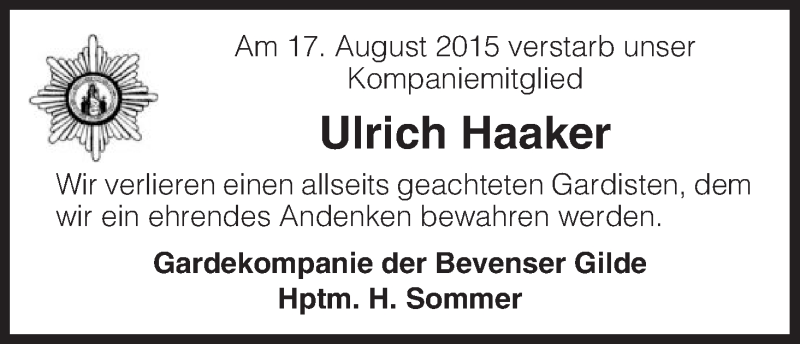  Traueranzeige für Ulrich Haaker vom 25.08.2015 aus Uelzen