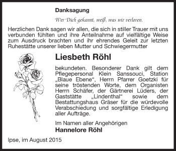 Traueranzeige von Liesbeth Röhl von Uelzen