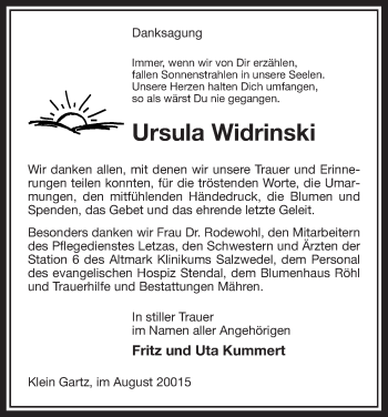 Traueranzeige von Ursula Widrinski von Uelzen