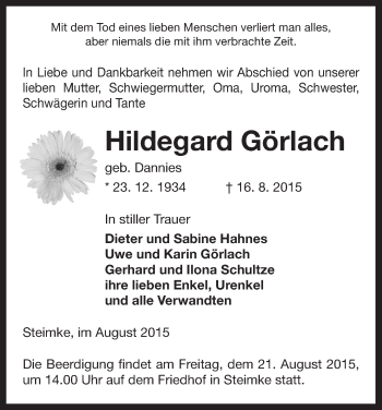 Traueranzeige von Hildegard Görlach von Uelzen