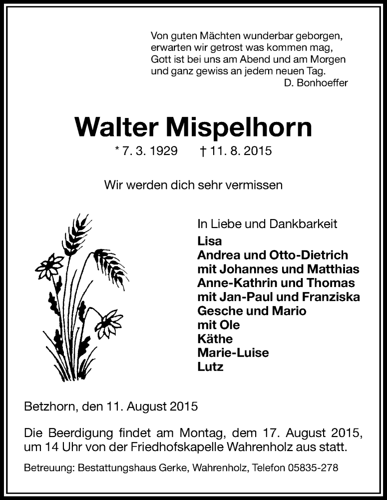  Traueranzeige für Walter Mispelhorn vom 13.08.2015 aus Uelzen