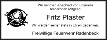 Traueranzeige von Fritz Plaster von Uelzen