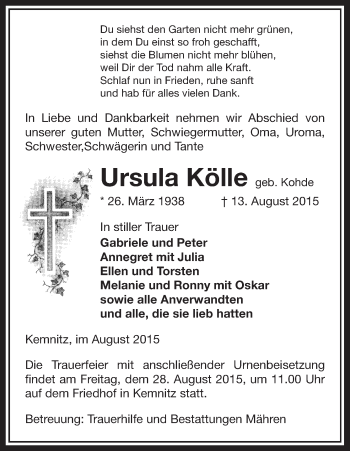 Traueranzeige von Ursula Kölle von Uelzen
