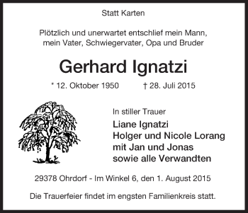 Traueranzeige von Gerhard Ignatzi von Uelzen