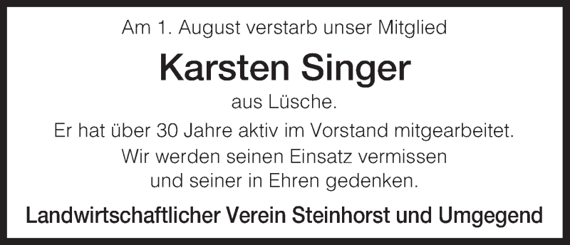  Traueranzeige für Karsten Singer vom 06.08.2015 aus Uelzen