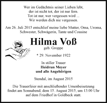 Traueranzeige von Hilma Voß von Uelzen