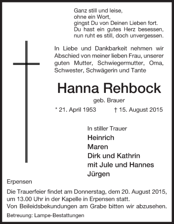 Traueranzeige von Hanna Rehbock von Uelzen