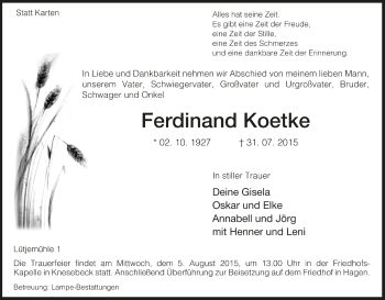 Traueranzeige von Ferdinand Koetke von Allgemeine Zeitung Uelzen