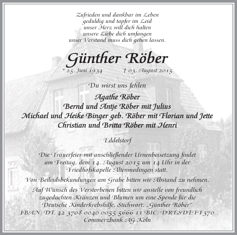  Traueranzeige für Günther Röber vom 05.08.2015 aus Uelzen