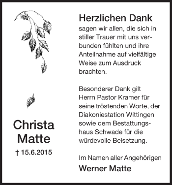 Traueranzeige von Christa Matte von Uelzen