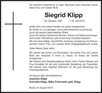 Traueranzeige von Siegrid Klipp von Uelzen