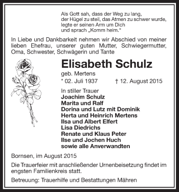 Traueranzeige von Elisabeth Schulz von Uelzen