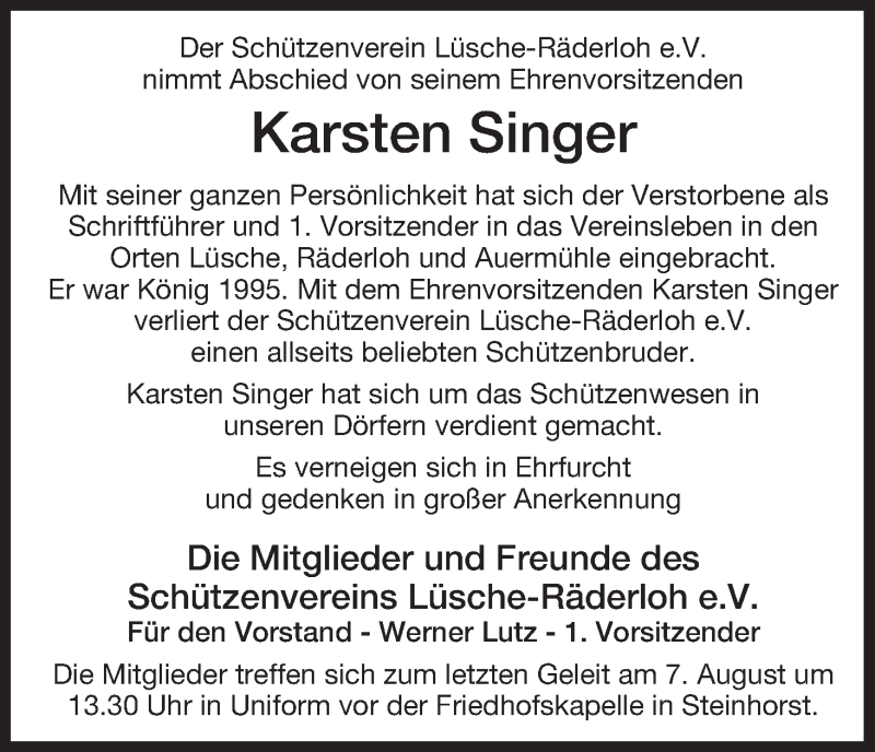  Traueranzeige für Karsten Singer vom 05.08.2015 aus Uelzen