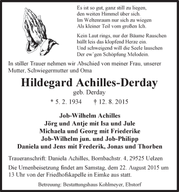Traueranzeige von Hildegard Achilles-Derday von Uelzen