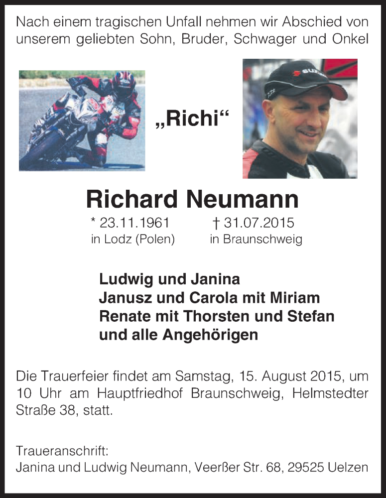  Traueranzeige für Richard Neumann vom 08.08.2015 aus Uelzen