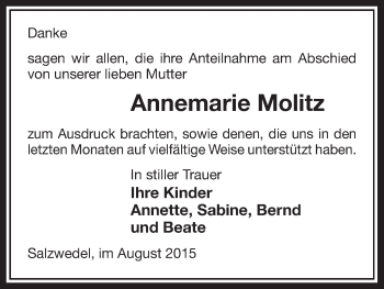 Traueranzeige von Annemarie Molitz von Uelzen