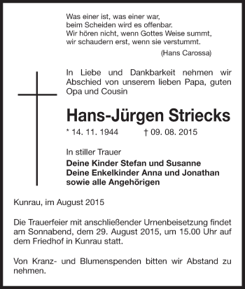 Traueranzeige von Hans-Jürgen Striecks von Uelzen