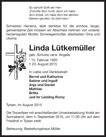 Traueranzeige von Linda Lütkemüller von Uelzen