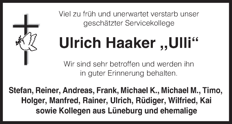  Traueranzeige für Ulrich Haaker vom 22.08.2015 aus Uelzen