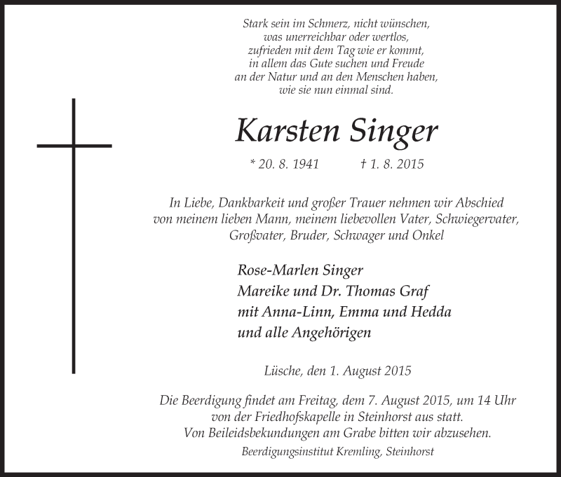  Traueranzeige für Karsten Singer vom 04.08.2015 aus Uelzen