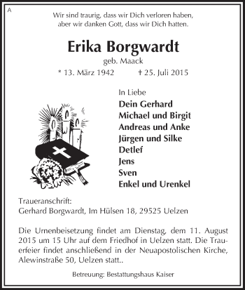 Traueranzeige von Erika Borgwardt von Uelzen