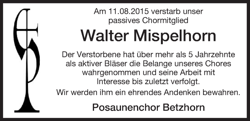  Traueranzeige für Walter Mispelhorn vom 17.08.2015 aus Uelzen