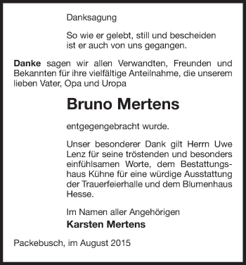 Traueranzeige von Bruno Mertens von Uelzen