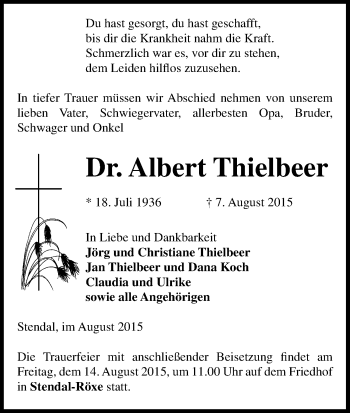 Traueranzeige von Albert Thielbeer von Uelzen