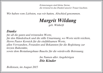 Traueranzeige von Margrit Wildung von Uelzen