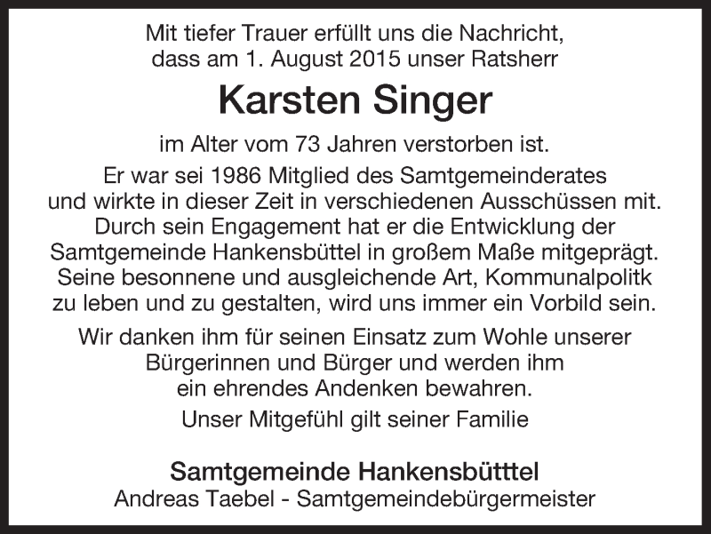  Traueranzeige für Karsten Singer vom 05.08.2015 aus Uelzen