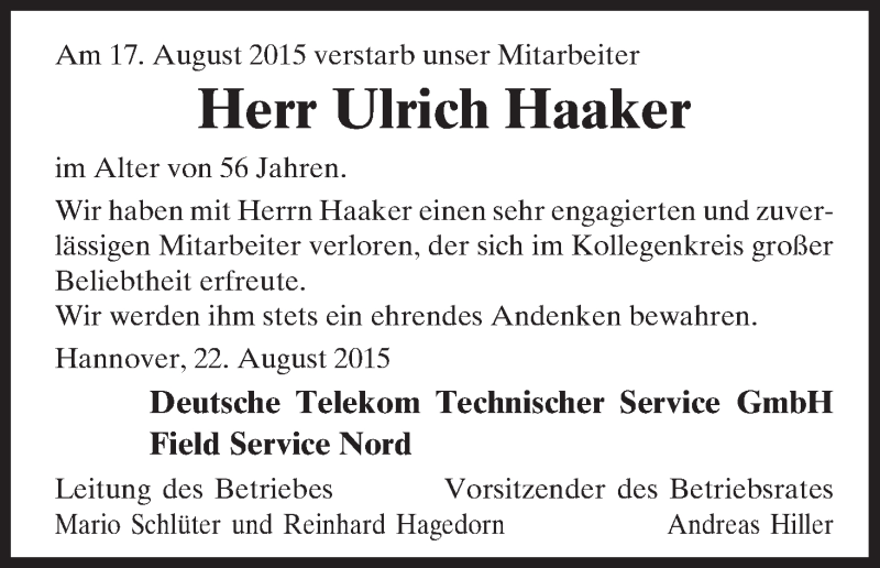  Traueranzeige für Ulrich Haaker vom 22.08.2015 aus Uelzen