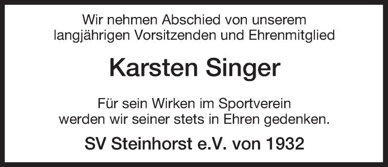  Traueranzeige für Karsten Singer vom 05.08.2015 aus Uelzen