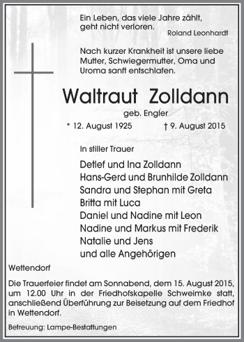 Traueranzeige von Waltraut Zolldann von Uelzen