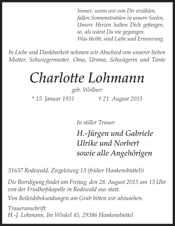 Traueranzeige von Charlotte Lohmann von Uelzen