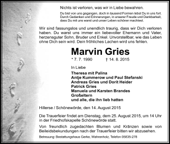 Traueranzeige von Marvin Gries von Uelzen