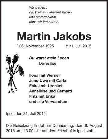 Traueranzeige von Martin Jakobs von Uelzen