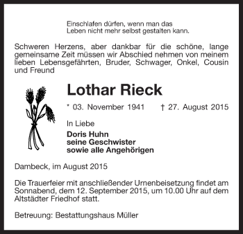 Traueranzeige von Lothar Rieck von Uelzen