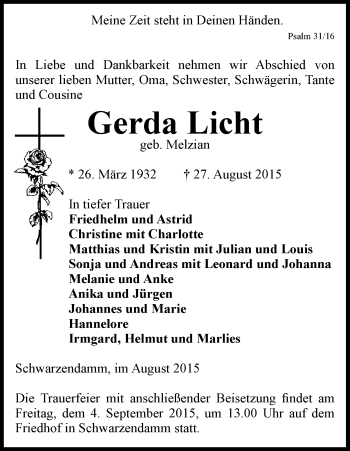 Traueranzeige von Gerda Licht von Uelzen