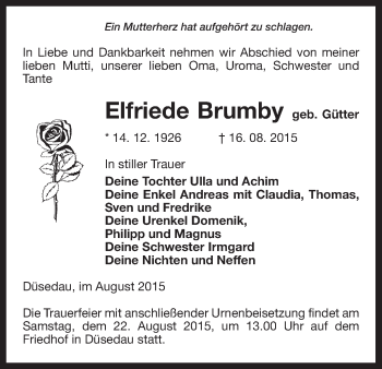 Traueranzeige von Elfriede Brumby von Uelzen