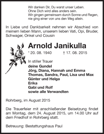 Traueranzeige von Arnold Janikulla von Uelzen